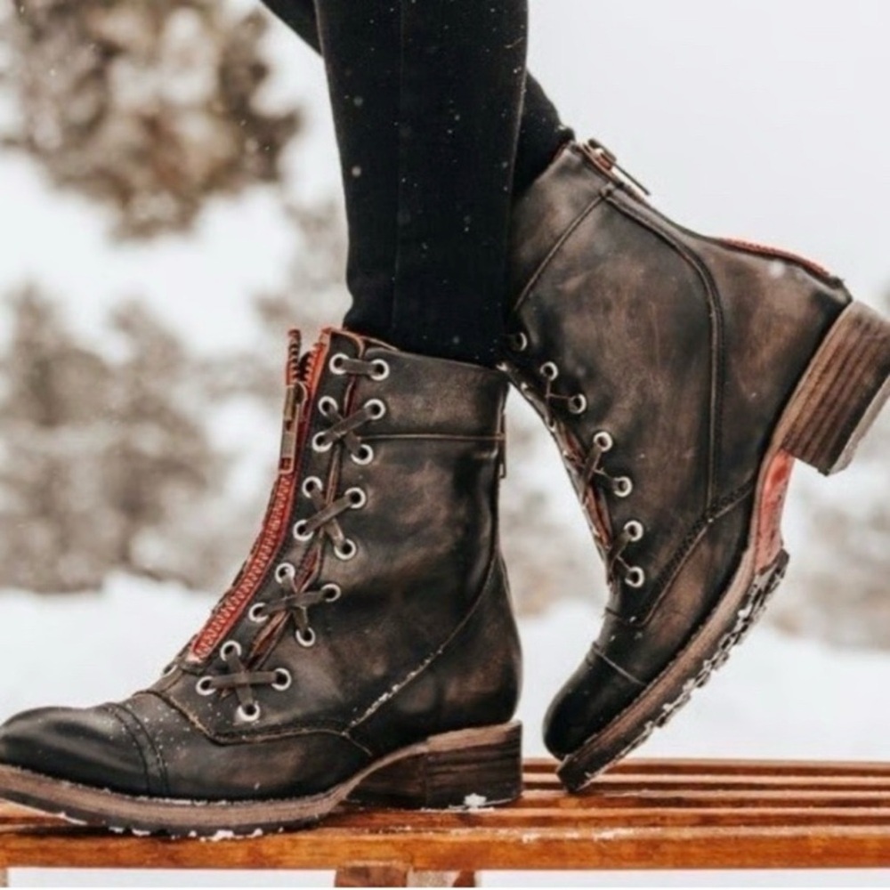 Freebird Women's Black Distressed Leather Lace-Up Ankle Boots with Red Trim - Picture 2 of 7